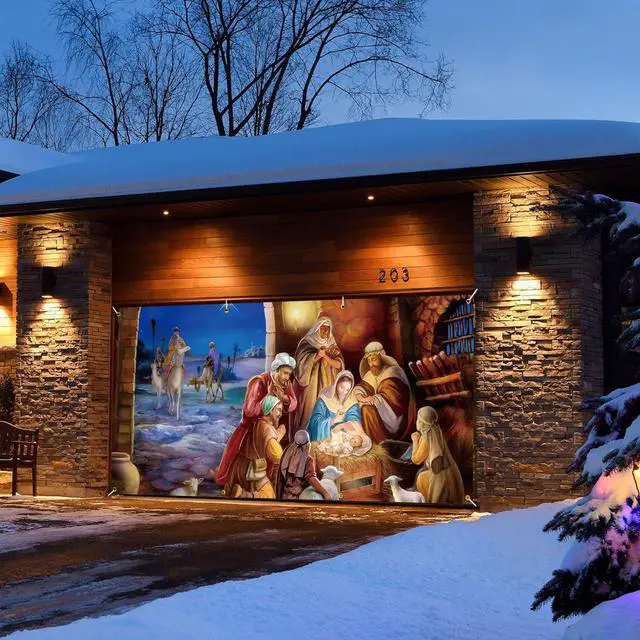 Alt view image 3 of 7 - Nativity Scene Christmas Garage Door Banner 16 x 7 ft, Large Christmas Garage Door Decorations Outdoor Backdrop Background for Photo Holy Nativity Party Outdoor Banner