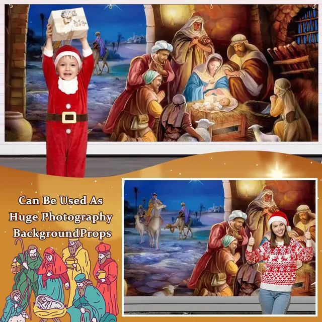 Alt view image 4 of 7 - Nativity Scene Christmas Garage Door Banner 16 x 7 ft, Large Christmas Garage Door Decorations Outdoor Backdrop Background for Photo Holy Nativity Party Outdoor Banner