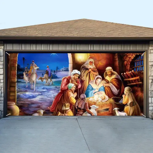 Alt view image 6 of 7 - Nativity Scene Christmas Garage Door Banner 16 x 7 ft, Large Christmas Garage Door Decorations Outdoor Backdrop Background for Photo Holy Nativity Party Outdoor Banner