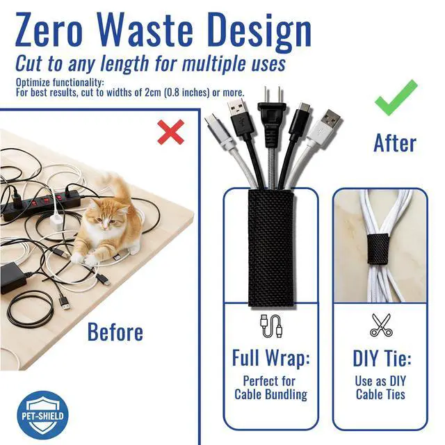 Alt view image 6 of 7 - 3/4" - 6.6 Ft Dog/Cat Cord Protector, Hook and Loop Cable Sleeve | Cable management sleeve; Reversible, flexible & cuttable; Split wire wrap for TV, USB, audio, computer and automotive; Black