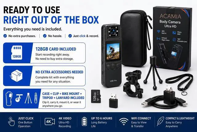 Alt view image 2 of 7 - Body Camera with WiFi, 128GB Included, Night Vision, 180° Lens, 6Hr Battery, Mini Wearable Cam