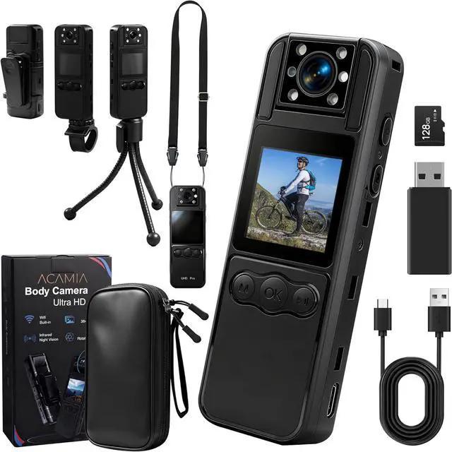 Main image of Body Camera with WiFi, 128GB Included, Night Vision, 180° Lens, 6Hr Battery, Mini Wearable Cam