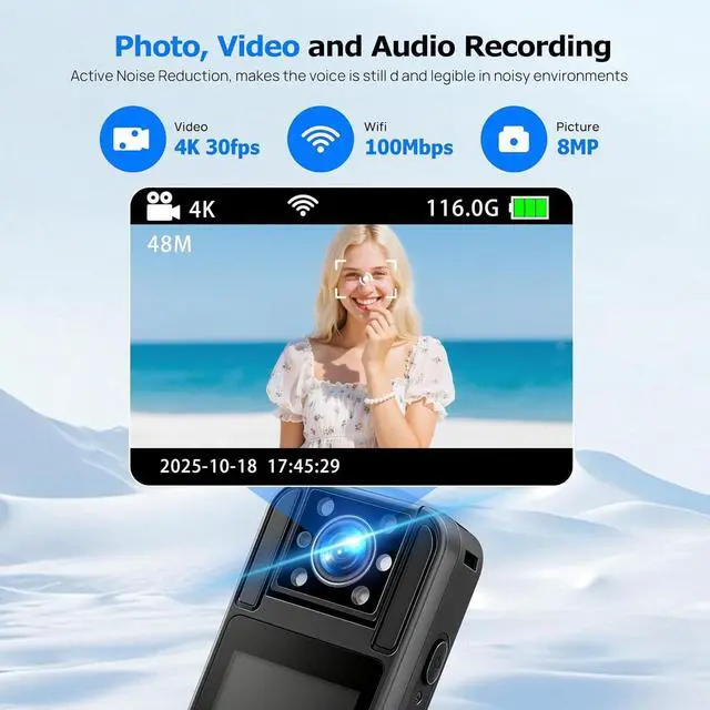 Alt view image 3 of 7 - Body Camera with WiFi, 128GB Included, Night Vision, 180° Lens, 6Hr Battery, Mini Wearable Cam