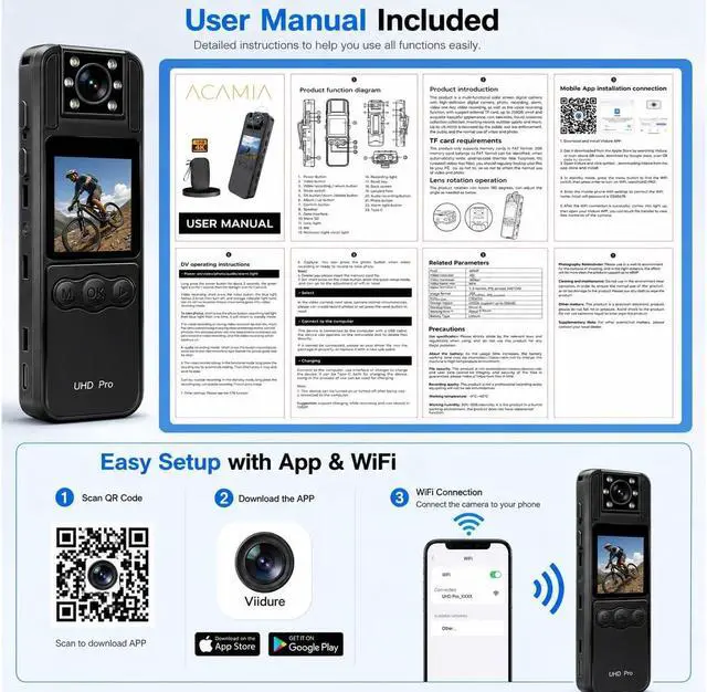 Alt view image 4 of 7 - Body Camera with WiFi, 128GB Included, Night Vision, 180° Lens, 6Hr Battery, Mini Wearable Cam