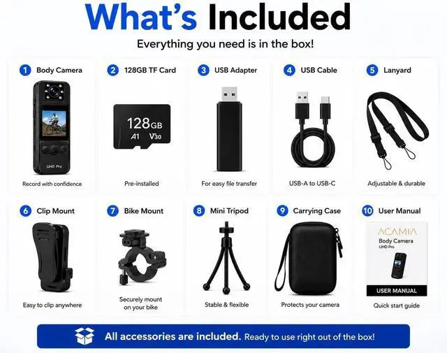 Alt view image 6 of 7 - Body Camera with WiFi, 128GB Included, Night Vision, 180° Lens, 6Hr Battery, Mini Wearable Cam
