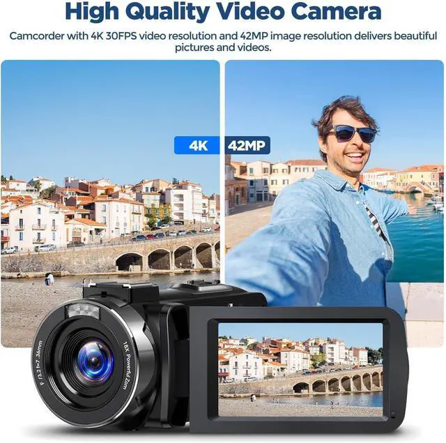 Alt view image 2 of 6 - 4K Video Camera Camcorder 42MP, 3.0" 270° Rotation Screen, 18X Digital Zoom YouTube Vlogging Camera with 2 Batteries, Remote Control, Webcam, 32G SD Card & Lens Cap