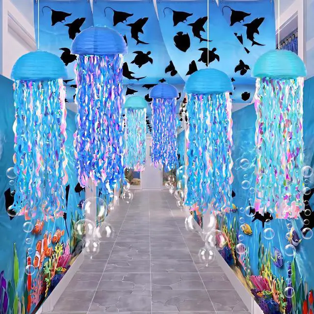 Main image of 69 Pcs Under The Sea Party Decorations 12 x 2 ft Ocean Classroom Ceiling Decoration Summer Birthday Party Shark Banner Blue Hanging Jellyfish Bubble Balls for Back to School Supplies