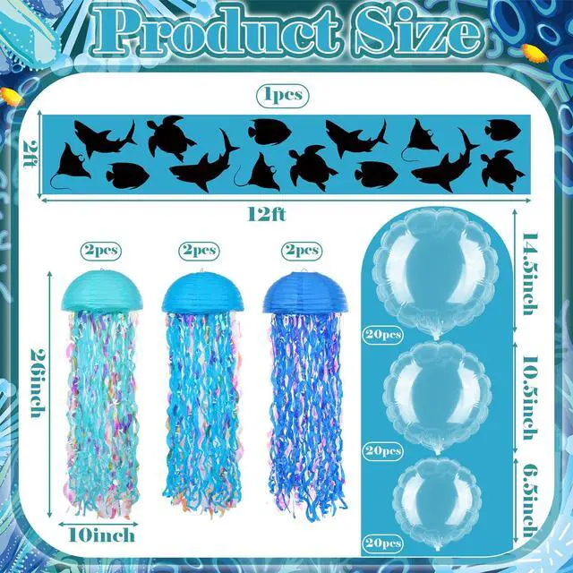 Alt view image 4 of 7 - 69 Pcs Under The Sea Party Decorations 12 x 2 ft Ocean Classroom Ceiling Decoration Summer Birthday Party Shark Banner Blue Hanging Jellyfish Bubble Balls for Back to School Supplies