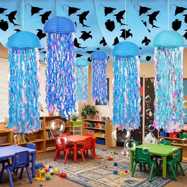 Alt view image 2 of 7 - 69 Pcs Under The Sea Party Decorations 12 x 2 ft Ocean Classroom Ceiling Decoration Summer Birthday Party Shark Banner Blue Hanging Jellyfish Bubble Balls for Back to School Supplies
