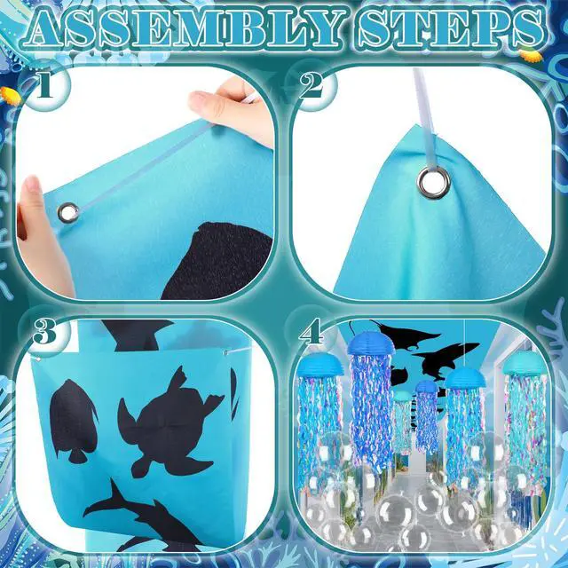 Alt view image 6 of 7 - 69 Pcs Under The Sea Party Decorations 12 x 2 ft Ocean Classroom Ceiling Decoration Summer Birthday Party Shark Banner Blue Hanging Jellyfish Bubble Balls for Back to School Supplies