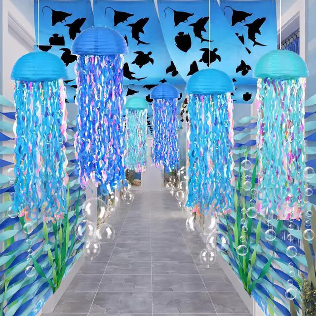 Alt view image 3 of 7 - 69 Pcs Under The Sea Party Decorations 12 x 2 ft Ocean Classroom Ceiling Decoration Summer Birthday Party Shark Banner Blue Hanging Jellyfish Bubble Balls for Back to School Supplies