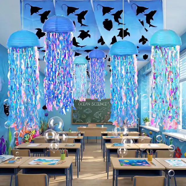 Alt view image 7 of 7 - 69 Pcs Under The Sea Party Decorations 12 x 2 ft Ocean Classroom Ceiling Decoration Summer Birthday Party Shark Banner Blue Hanging Jellyfish Bubble Balls for Back to School Supplies