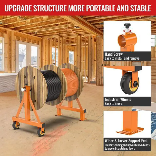 Alt view image 4 of 7 - Wire Spool Rack Portable Cable Caddy Steel Wire Spool Holder | Wire Dispenser Rack with Wheels for up to 28" Diameter Spools 220 Lbs Capacity (Orange)