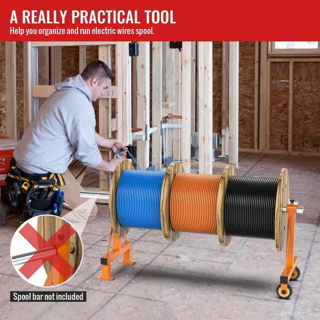Alt view image 6 of 7 - Wire Spool Rack Portable Cable Caddy Steel Wire Spool Holder | Wire Dispenser Rack with Wheels for up to 28" Diameter Spools 220 Lbs Capacity (Orange)