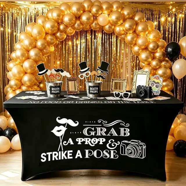 Main image of Photo Booth Table Cloth, 6 Ft Black Heavy Duty Stretch Spandex Table Cover | Grab a Prop and Strike a Pose Design for Back to School Wedding Birthday Retirement Disco Party Photography Decor Supplies