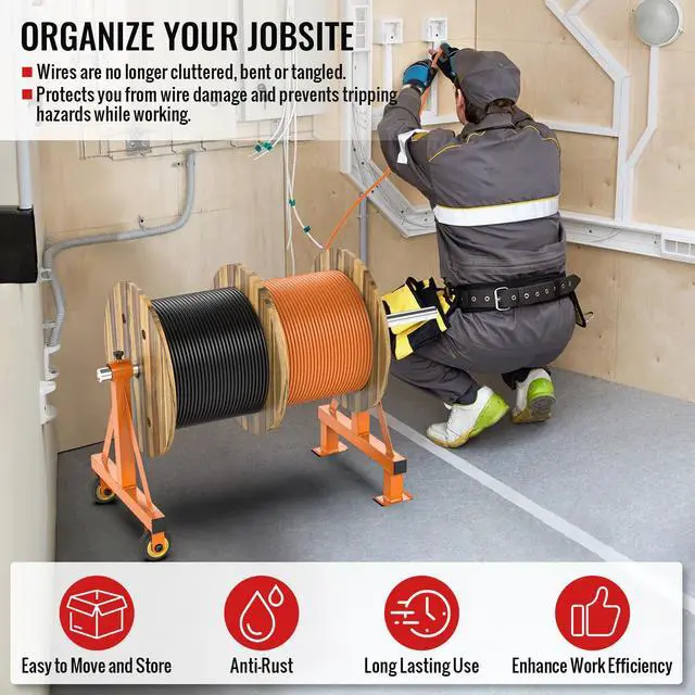 Alt view image 7 of 7 - Wire Spool Rack Portable Cable Caddy Steel Wire Spool Holder | Wire Dispenser Rack with Wheels for up to 28" Diameter Spools 220 Lbs Capacity (Orange)