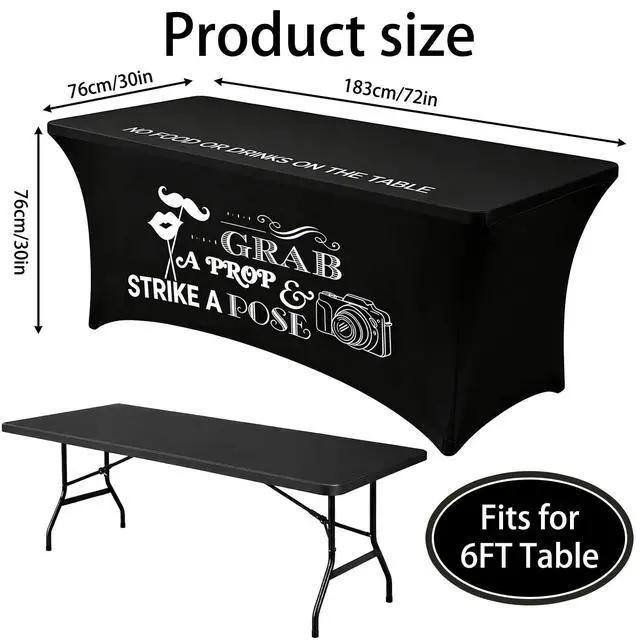 Alt view image 2 of 7 - Photo Booth Table Cloth, 6 Ft Black Heavy Duty Stretch Spandex Table Cover | Grab a Prop and Strike a Pose Design for Back to School Wedding Birthday Retirement Disco Party Photography Decor Supplies
