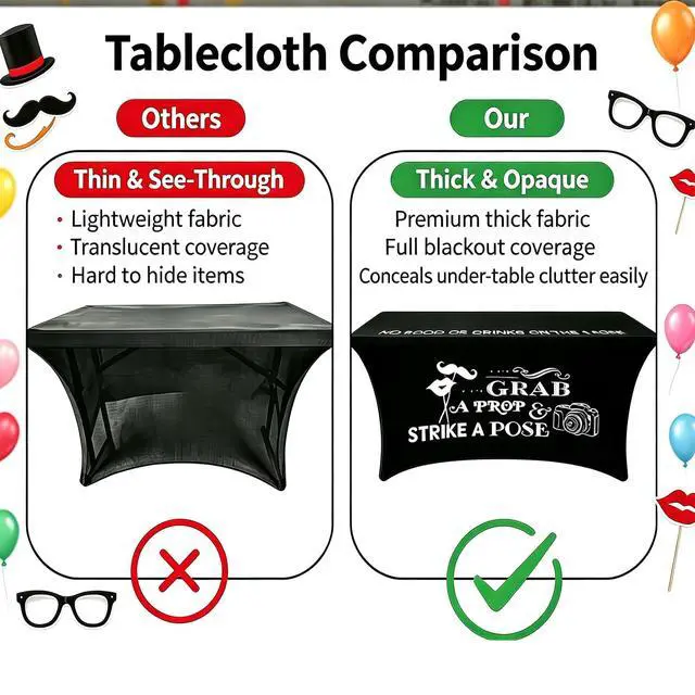 Alt view image 3 of 7 - Photo Booth Table Cloth, 6 Ft Black Heavy Duty Stretch Spandex Table Cover | Grab a Prop and Strike a Pose Design for Back to School Wedding Birthday Retirement Disco Party Photography Decor Supplies