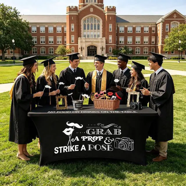 Alt view image 4 of 7 - Photo Booth Table Cloth, 6 Ft Black Heavy Duty Stretch Spandex Table Cover | Grab a Prop and Strike a Pose Design for Back to School Wedding Birthday Retirement Disco Party Photography Decor Supplies