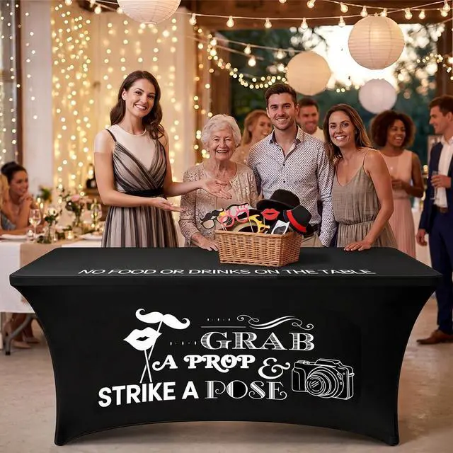 Alt view image 5 of 7 - Photo Booth Table Cloth, 6 Ft Black Heavy Duty Stretch Spandex Table Cover | Grab a Prop and Strike a Pose Design for Back to School Wedding Birthday Retirement Disco Party Photography Decor Supplies