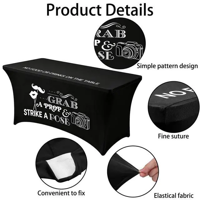 Alt view image 6 of 7 - Photo Booth Table Cloth, 6 Ft Black Heavy Duty Stretch Spandex Table Cover | Grab a Prop and Strike a Pose Design for Back to School Wedding Birthday Retirement Disco Party Photography Decor Supplies