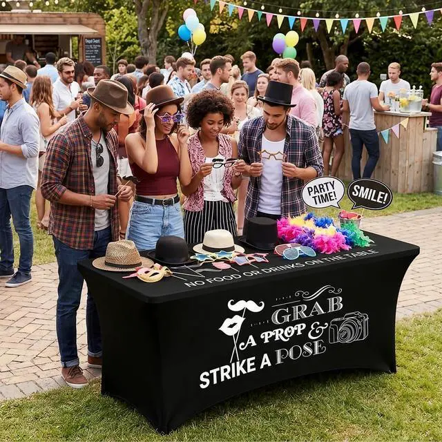 Alt view image 7 of 7 - Photo Booth Table Cloth, 6 Ft Black Heavy Duty Stretch Spandex Table Cover | Grab a Prop and Strike a Pose Design for Back to School Wedding Birthday Retirement Disco Party Photography Decor Supplies