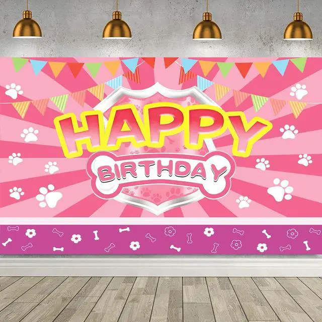 Main image of Happy Birthday Banner Pink Paw Prints Backdrop for Girl Birthday Party | Paw Birthday Party Decorations for Girls