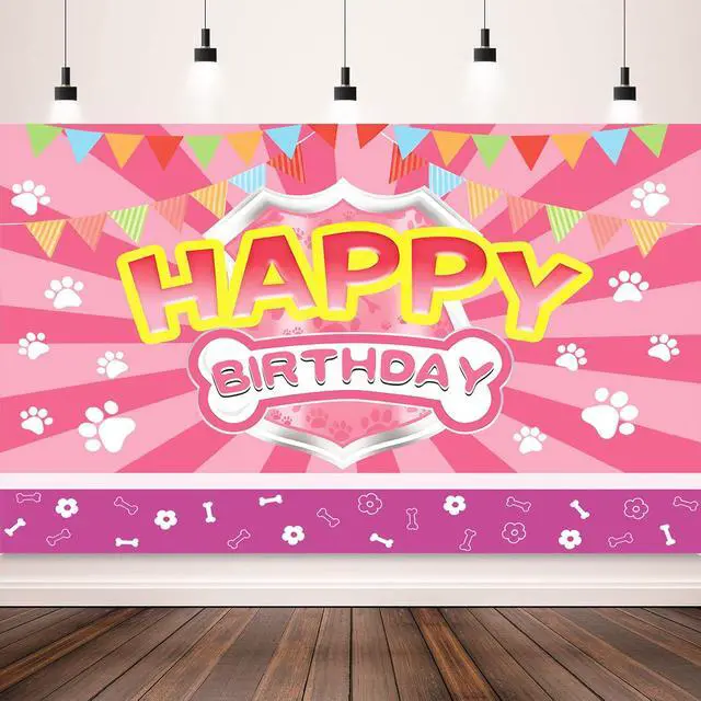 Alt view image 2 of 7 - Happy Birthday Banner Pink Paw Prints Backdrop for Girl Birthday Party | Paw Birthday Party Decorations for Girls