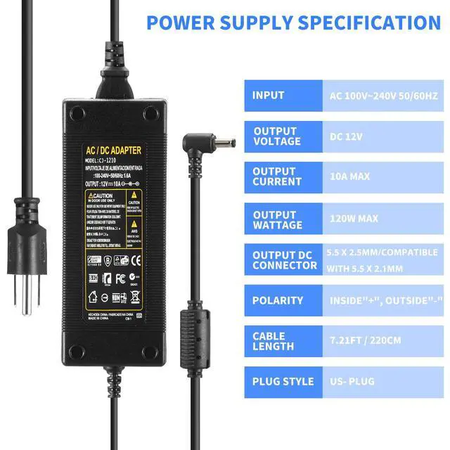 Alt view image 3 of 7 - 12V 10A Power Supply 120W 100V~240V AC to DC Adapter Converter Transformer,12 Volt 10 Amp Power Supply Adapter with 5.5mm x 2.5mm&2.1mm DC Output Jack for 12V Printe LED Strip Light CCTV Camera
