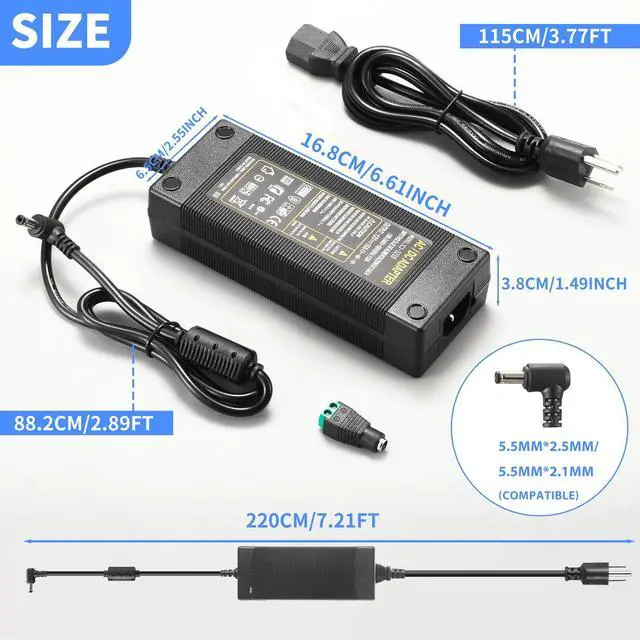 Alt view image 4 of 7 - 12V 10A Power Supply 120W 100V~240V AC to DC Adapter Converter Transformer,12 Volt 10 Amp Power Supply Adapter with 5.5mm x 2.5mm&2.1mm DC Output Jack for 12V Printe LED Strip Light CCTV Camera
