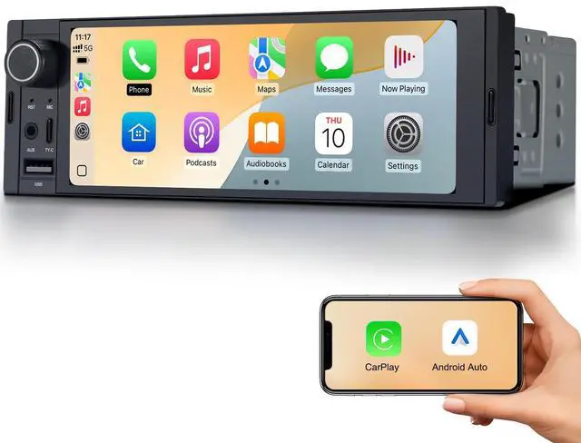 Main image of 6.36" Single DIN Car Radio Stereo, Wireless CarPlay Android Auto | IPS HD touchscreen, Linux System, USB USB-C FM, phone link, Bluetooth, plug-and-play