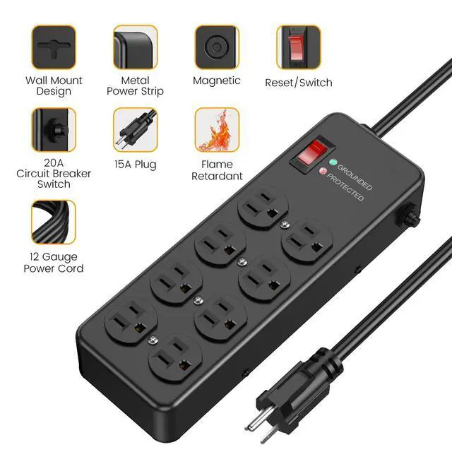 Alt view image 3 of 7 - Magnetic Heavy Duty Power Strip,12 Gauge 6FT Extension Cord,Black | Metal Wall Mount Power Strip Surge Protector 2700 Joules for Industrial,Garage,Workshop,ETL Listed