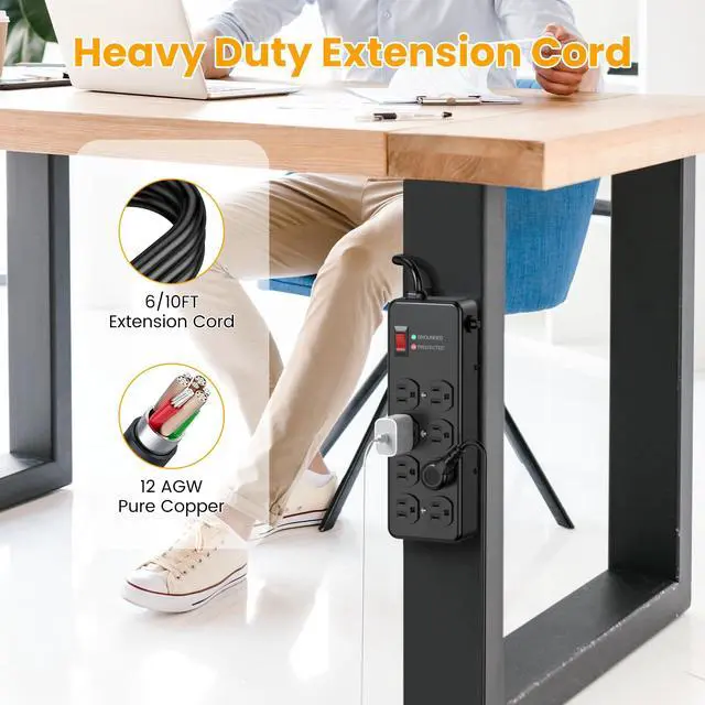 Alt view image 4 of 7 - Magnetic Heavy Duty Power Strip,12 Gauge 6FT Extension Cord,Black | Metal Wall Mount Power Strip Surge Protector 2700 Joules for Industrial,Garage,Workshop,ETL Listed