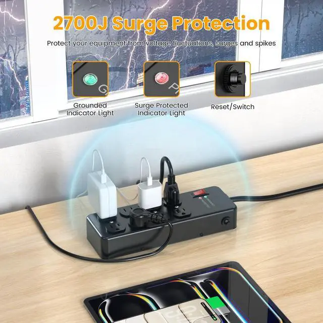 Alt view image 2 of 7 - Magnetic Heavy Duty Power Strip,12 Gauge 6FT Extension Cord,Black | Metal Wall Mount Power Strip Surge Protector 2700 Joules for Industrial,Garage,Workshop,ETL Listed