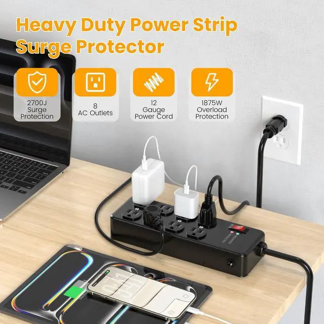 Alt view image 7 of 7 - Magnetic Heavy Duty Power Strip,12 Gauge 6FT Extension Cord,Black | Metal Wall Mount Power Strip Surge Protector 2700 Joules for Industrial,Garage,Workshop,ETL Listed