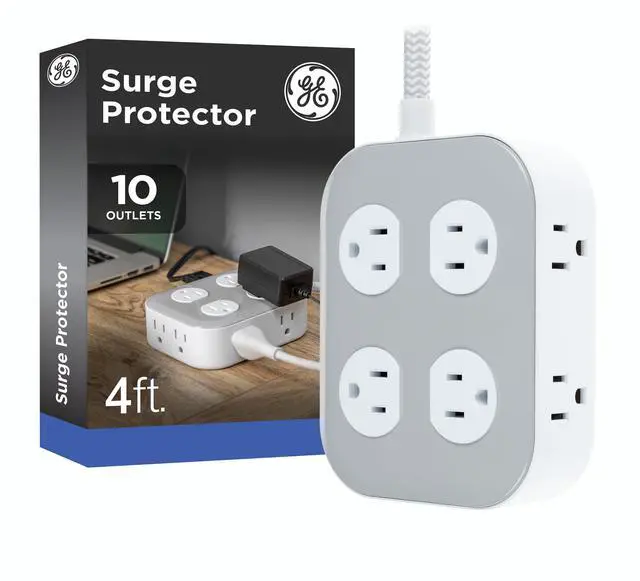 Main image of Sur Protector Power Strip, 4 Ft Braided Extension Cord, 10 Outlet Extender (Wide Spaced), 2100 Joules, Flat Plug, ETL Safety Certified, Gray/White, 84860