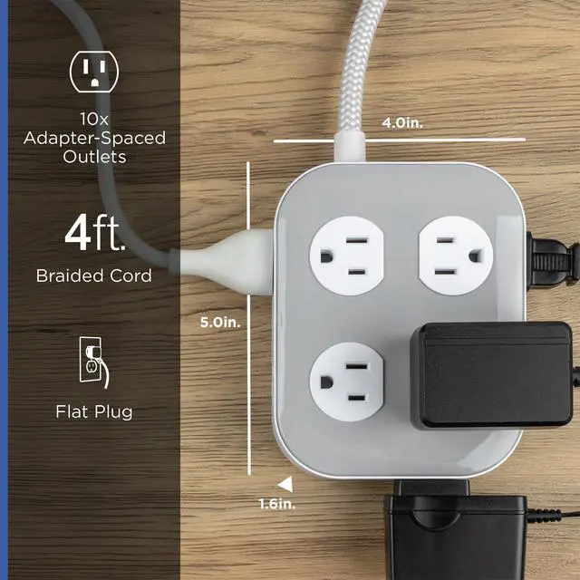 Alt view image 2 of 7 - Sur Protector Power Strip, 4 Ft Braided Extension Cord, 10 Outlet Extender (Wide Spaced), 2100 Joules, Flat Plug, ETL Safety Certified, Gray/White, 84860
