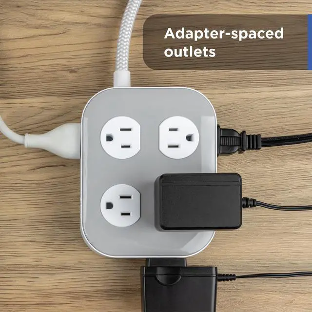 Alt view image 4 of 7 - Sur Protector Power Strip, 4 Ft Braided Extension Cord, 10 Outlet Extender (Wide Spaced), 2100 Joules, Flat Plug, ETL Safety Certified, Gray/White, 84860