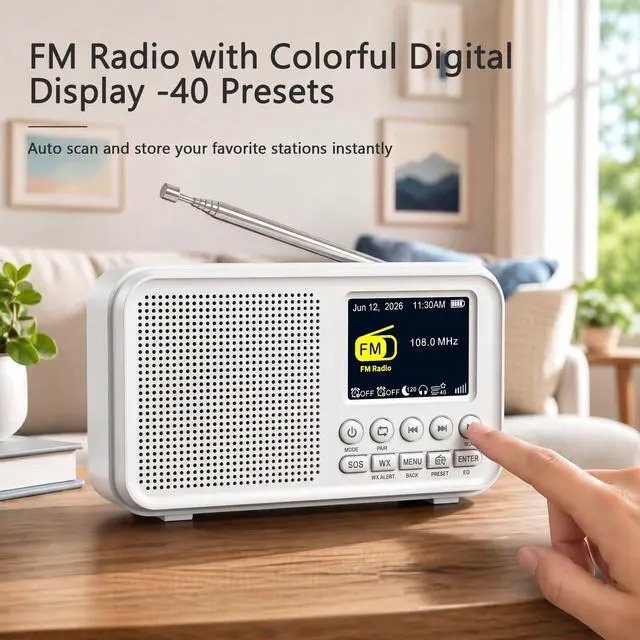 Alt view image 2 of 7 - Portable FM Radio with 40 Presets, Bluetooth & 3000mAh Battery | NOAA Weather Alert, MicroSD Playback, 8W Speaker, Headphone Jack, Dual Alarm Clock & Sleep Timer for Home and Bedroom