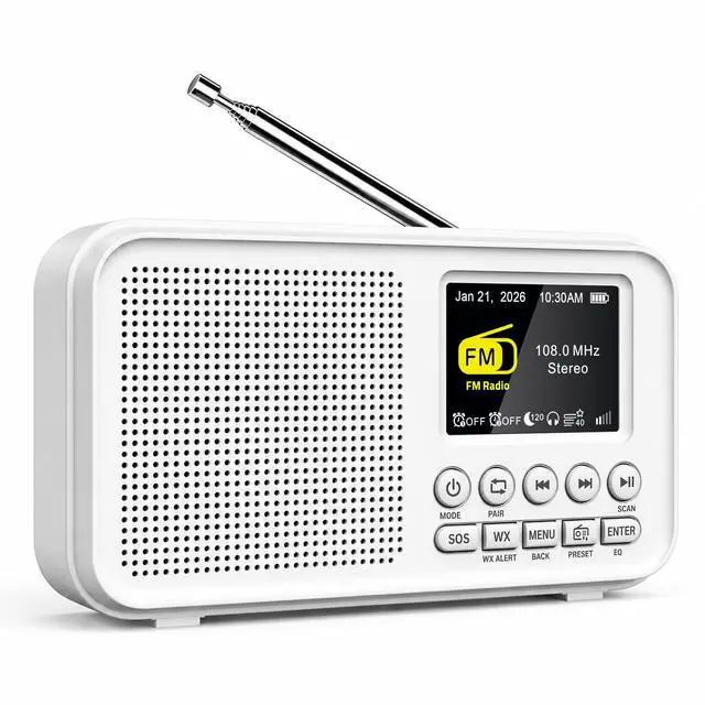 Main image of Portable FM Radio with 40 Presets, Bluetooth & 3000mAh Battery | NOAA Weather Alert, MicroSD Playback, 8W Speaker, Headphone Jack, Dual Alarm Clock & Sleep Timer for Home and Bedroom