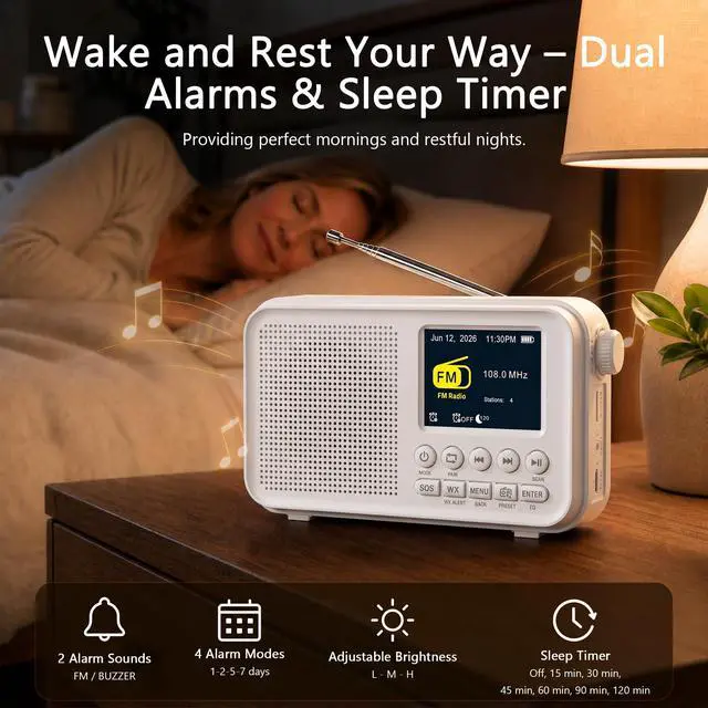 Alt view image 6 of 7 - Portable FM Radio with 40 Presets, Bluetooth & 3000mAh Battery | NOAA Weather Alert, MicroSD Playback, 8W Speaker, Headphone Jack, Dual Alarm Clock & Sleep Timer for Home and Bedroom