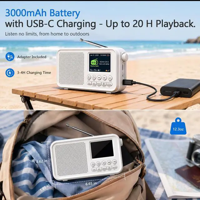 Alt view image 5 of 7 - Portable FM Radio with 40 Presets, Bluetooth & 3000mAh Battery | NOAA Weather Alert, MicroSD Playback, 8W Speaker, Headphone Jack, Dual Alarm Clock & Sleep Timer for Home and Bedroom
