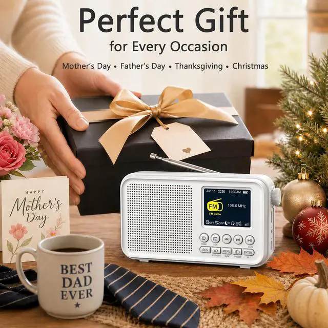 Alt view image 7 of 7 - Portable FM Radio with 40 Presets, Bluetooth & 3000mAh Battery | NOAA Weather Alert, MicroSD Playback, 8W Speaker, Headphone Jack, Dual Alarm Clock & Sleep Timer for Home and Bedroom