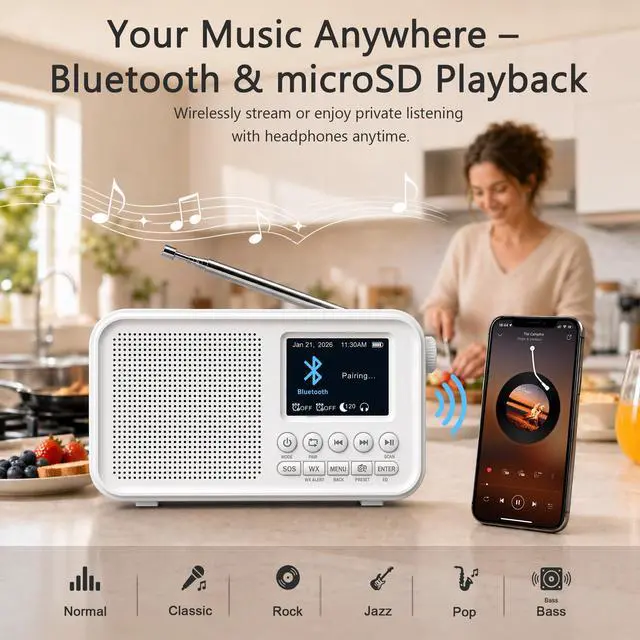 Alt view image 4 of 7 - Portable FM Radio with 40 Presets, Bluetooth & 3000mAh Battery | NOAA Weather Alert, MicroSD Playback, 8W Speaker, Headphone Jack, Dual Alarm Clock & Sleep Timer for Home and Bedroom