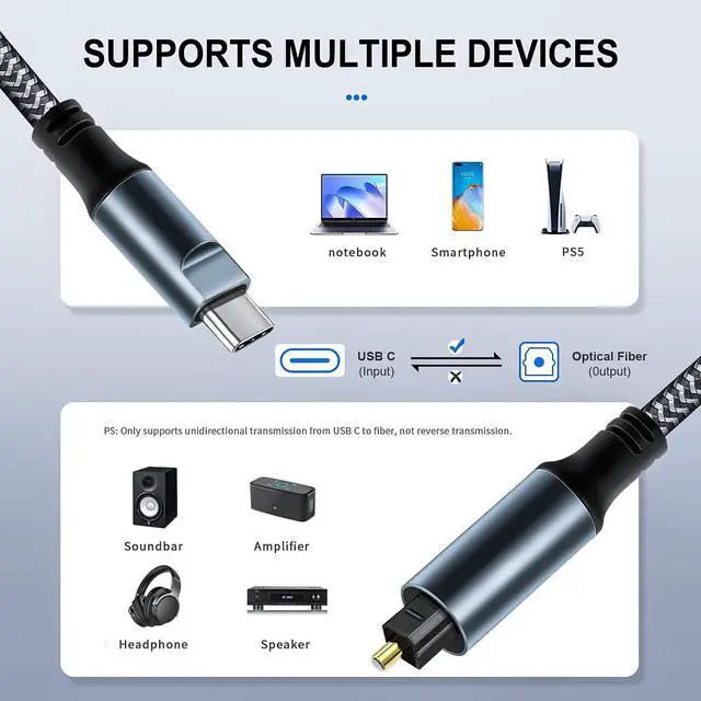 Alt view image 3 of 7 - Braided USB C to Optical Audio Cable 3Ft Unidirectional USB C to Toslink Optical for TV/Soundbar, Sony PS5,Speakers & Home Theater Systems
