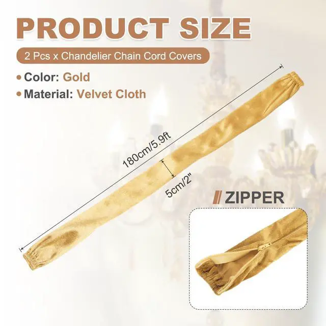 Alt view image 2 of 7 - 5.9ft Chandelier Chain Cord Cover, 2 Pcs Velvet Cloth Fabric Chain Sleeve Decorative Cord Covers for Chandelier Wires Swing Cable, Zipper Style, Gold