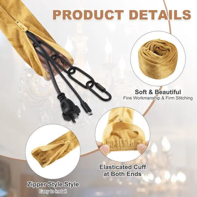 Alt view image 3 of 7 - 5.9ft Chandelier Chain Cord Cover, 2 Pcs Velvet Cloth Fabric Chain Sleeve Decorative Cord Covers for Chandelier Wires Swing Cable, Zipper Style, Gold