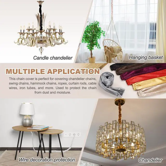 Alt view image 7 of 7 - 5.9ft Chandelier Chain Cord Cover, 2 Pcs Velvet Cloth Fabric Chain Sleeve Decorative Cord Covers for Chandelier Wires Swing Cable, Zipper Style, Gold