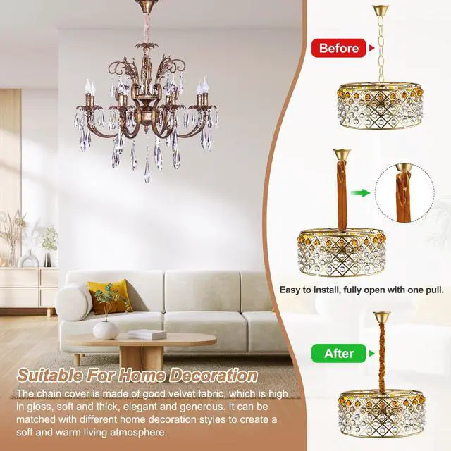 Alt view image 4 of 7 - 5.9ft Chandelier Chain Cord Cover, 2 Pcs Velvet Cloth Fabric Chain Sleeve Decorative Cord Covers for Chandelier Wires Swing Cable, Zipper Style, Gold