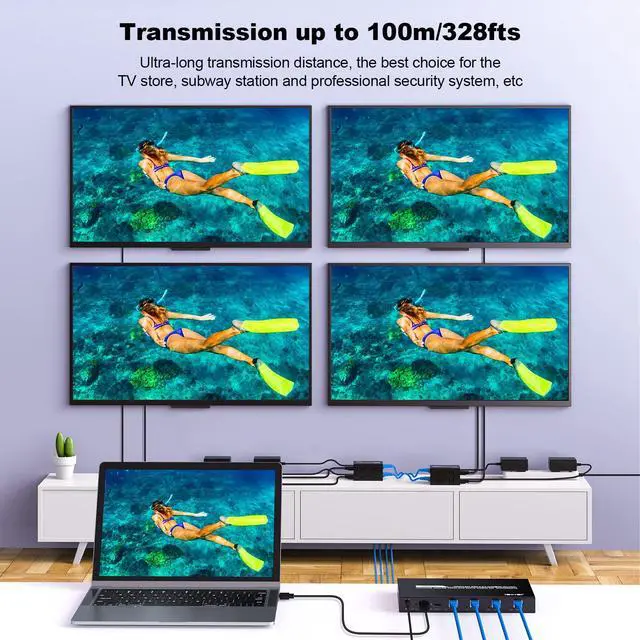 Alt view image 2 of 7 - 4K HDMI Extender Splitter 1x4 100M with Loopout | EDID copy, lossless 4K@30Hz, zero latency, 3D support., plug & play for TV/monitor/projector